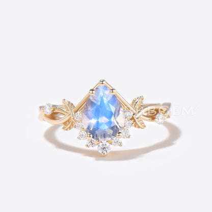 Teardrop Rainbow Moonstone Engagement Ring Gold Leaf Vine Bridal Set