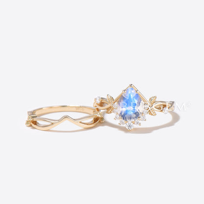 Teardrop Rainbow Moonstone Engagement Ring Gold Leaf Vine Bridal Set