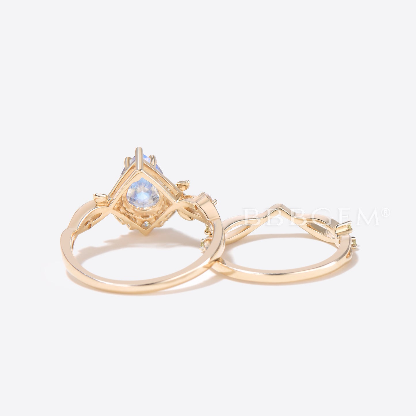 Teardrop Rainbow Moonstone Engagement Ring Gold Leaf Vine Bridal Set