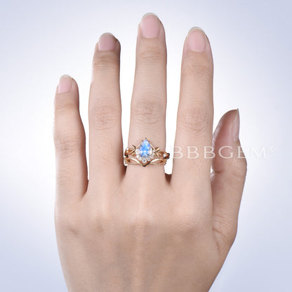 Teardrop Rainbow Moonstone Engagement Ring Gold Leaf Vine Bridal Set