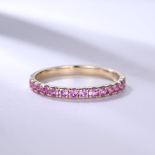 Pink Sapphire Wedding Band Rose Gold Half Eternity Ring Petite 2mm Pave