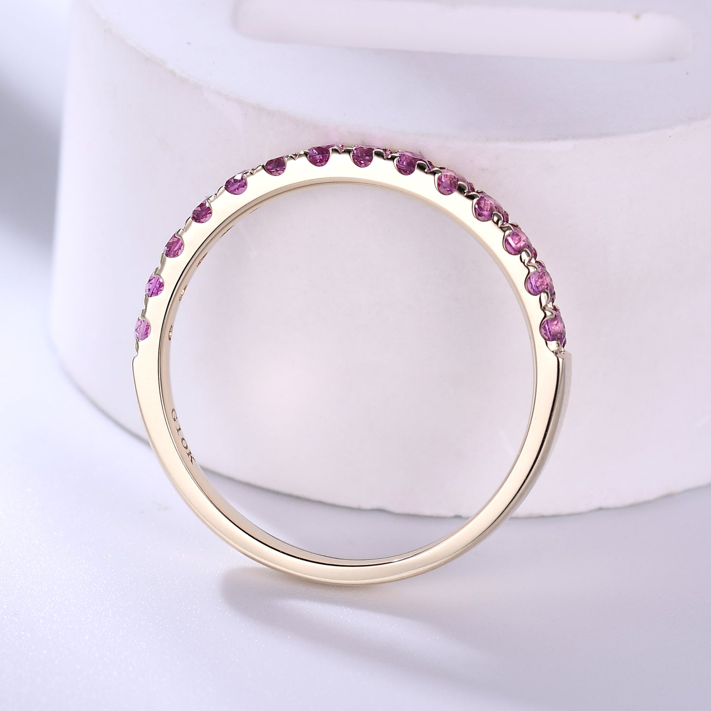 Pink Sapphire Wedding Band Rose Gold Half Eternity Ring Petite 2mm Pave