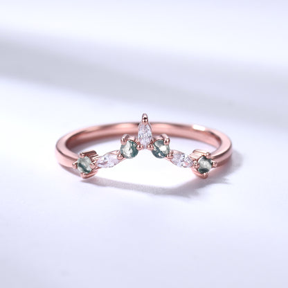 Green Moss Agate Wedding Band Moissanite Rose Gold Curved Matching Ring