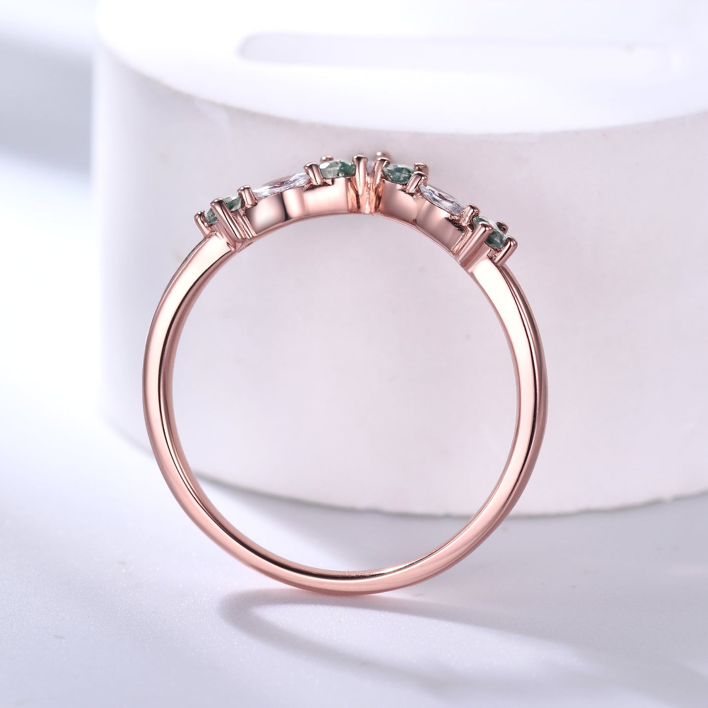 Green Moss Agate Wedding Band Moissanite Rose Gold Curved Matching Ring