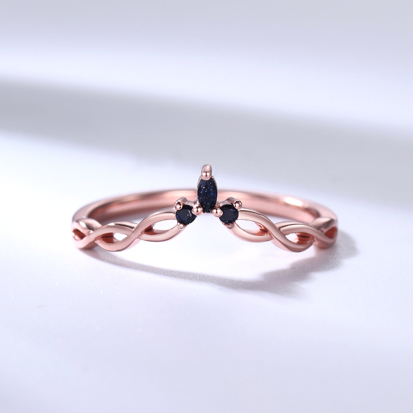 Blue Sandstone Wedding Band Rose Gold Infinity Curved Matching Ring