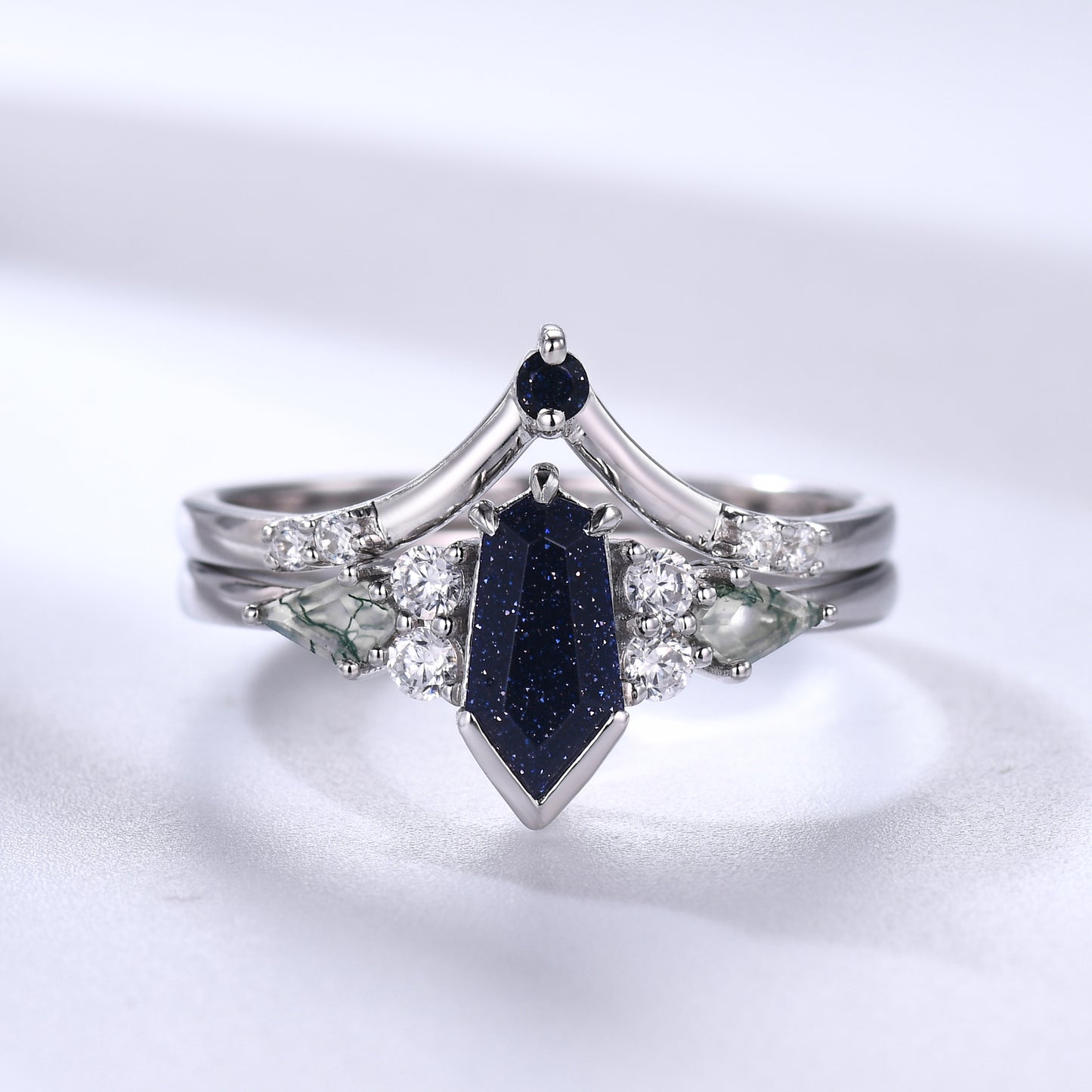 Coffin Galaxy Sandstone Ring Set White Gold Gothic Engagement Ring Unique Nebula Ring