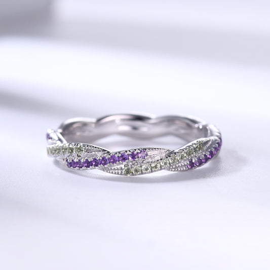 Natural Amethyst Peridot Twisted Double Row Wedding Band Crystal Full Eternity Ring