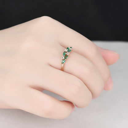 Unique Dainty Emerald Aquamarine Cluster Wedding Band 14k Rose Gold Ring for Mom