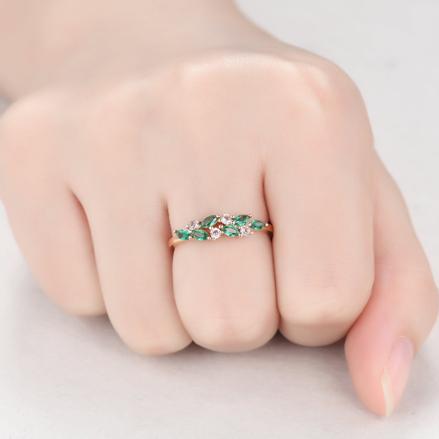 Unique Dainty Emerald Aquamarine Cluster Wedding Band 14k Rose Gold Ring for Mom