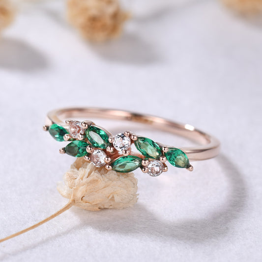 Unique Dainty Emerald Aquamarine Cluster Wedding Band 14k Rose Gold Ring for Mom