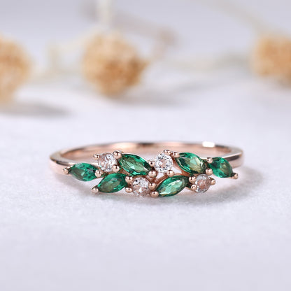 Unique Dainty Emerald Aquamarine Cluster Wedding Band 14k Rose Gold Ring for Mom