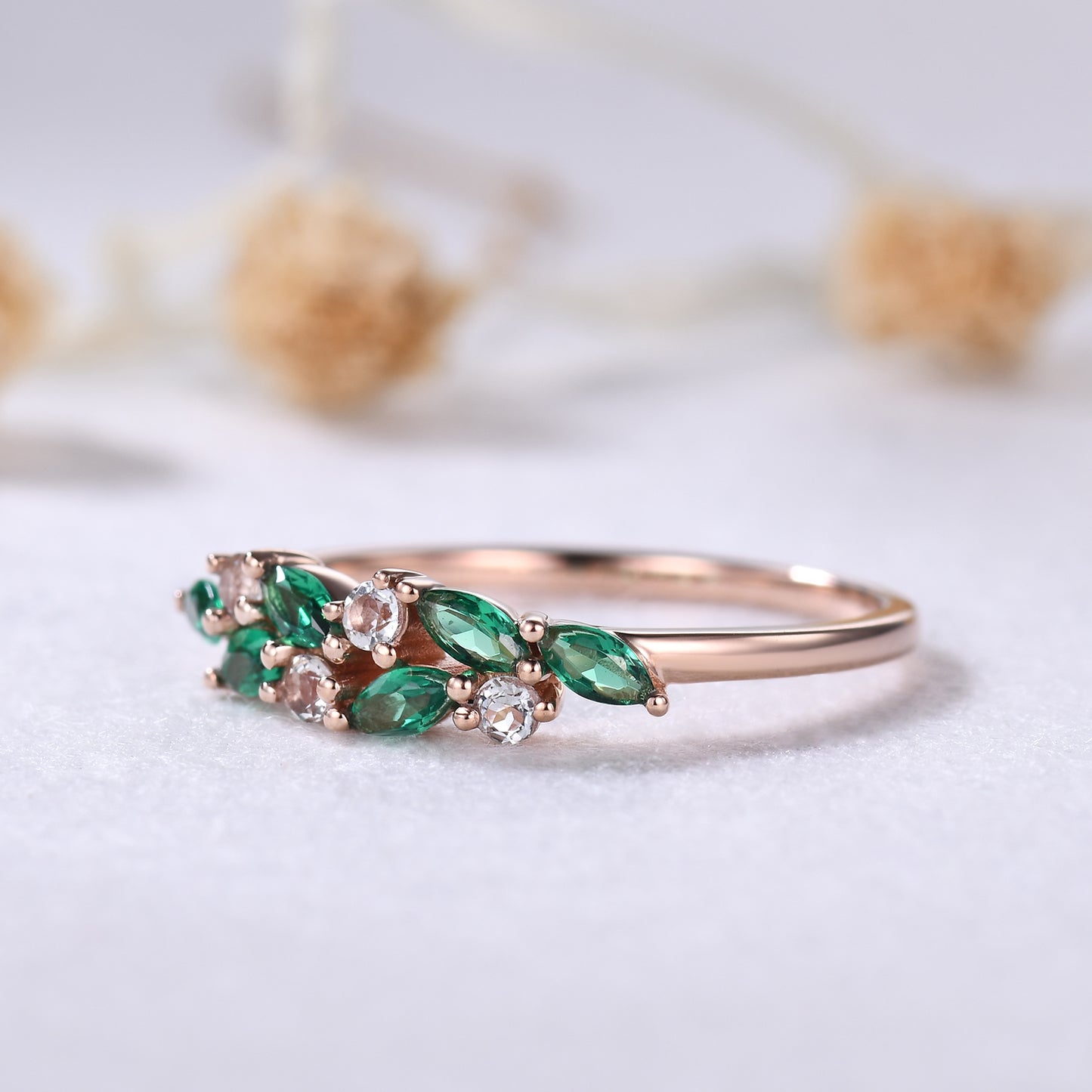 Unique Dainty Emerald Aquamarine Cluster Wedding Band 14k Rose Gold Ring for Mom