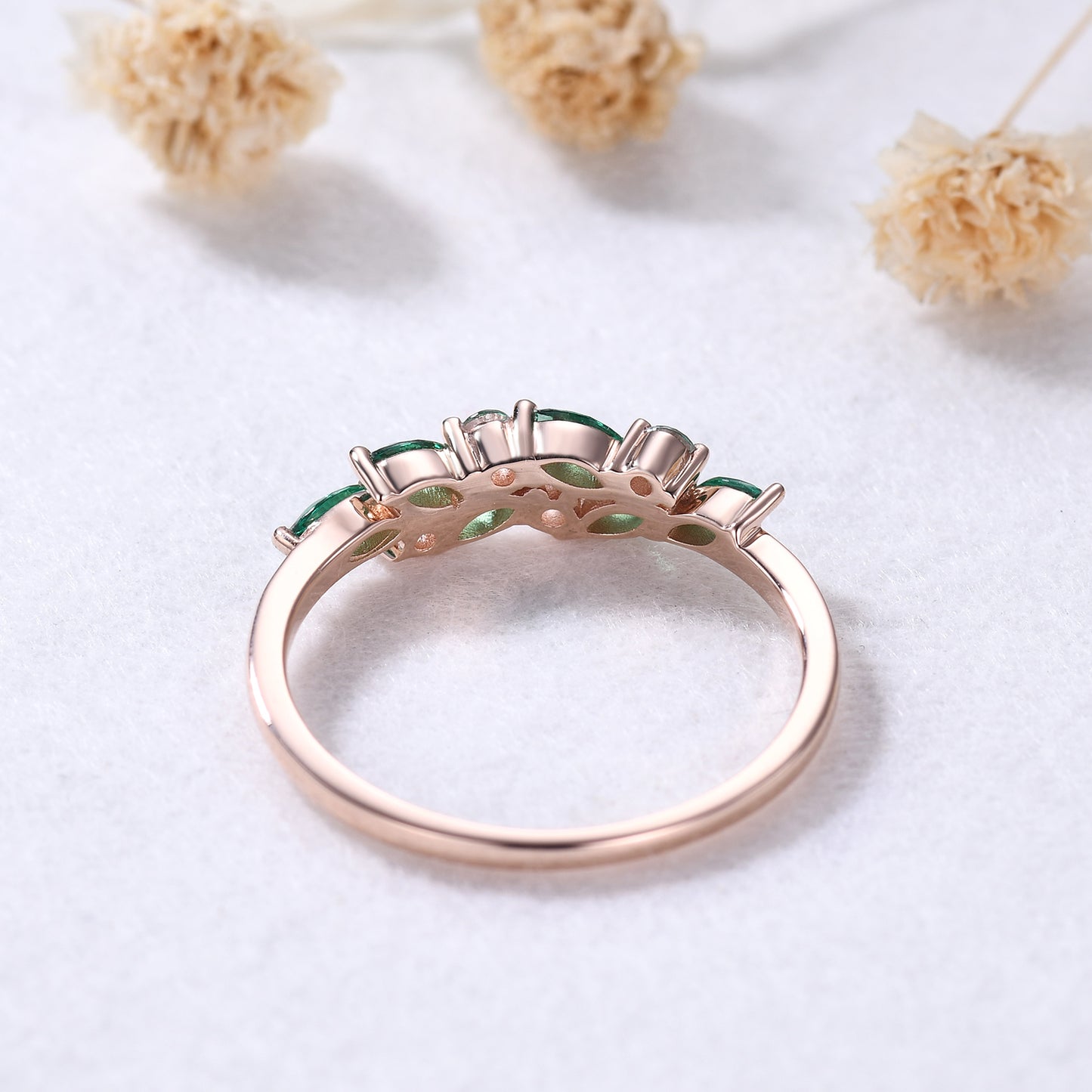 Unique Dainty Emerald Aquamarine Cluster Wedding Band 14k Rose Gold Ring for Mom