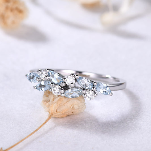 Marquise Aquamarine Moissanite 14k White Gold Ring Vintage Blue Gemstone Wedding Band