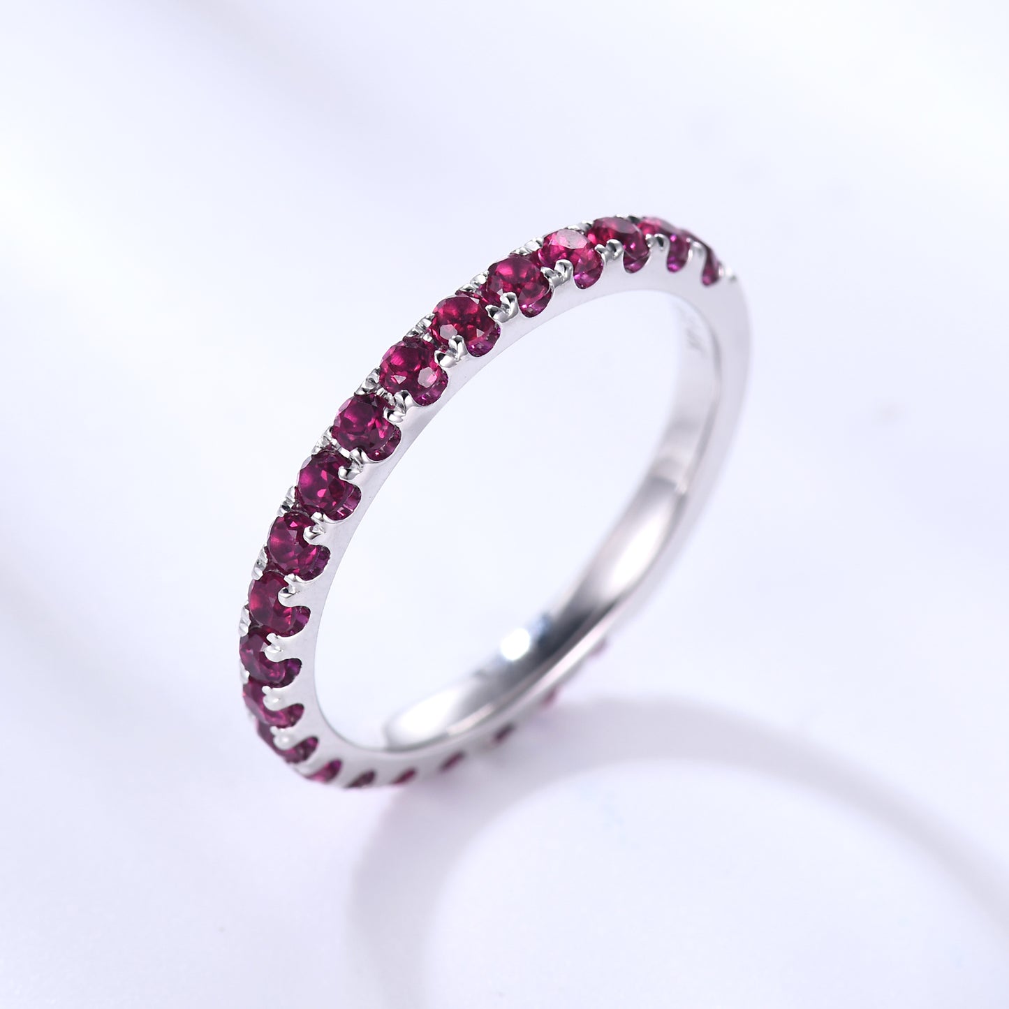 Natural Ruby Wedding Ring For Her 3/4 Eternity Band 14k White Gold Micro Pave 2mm Band