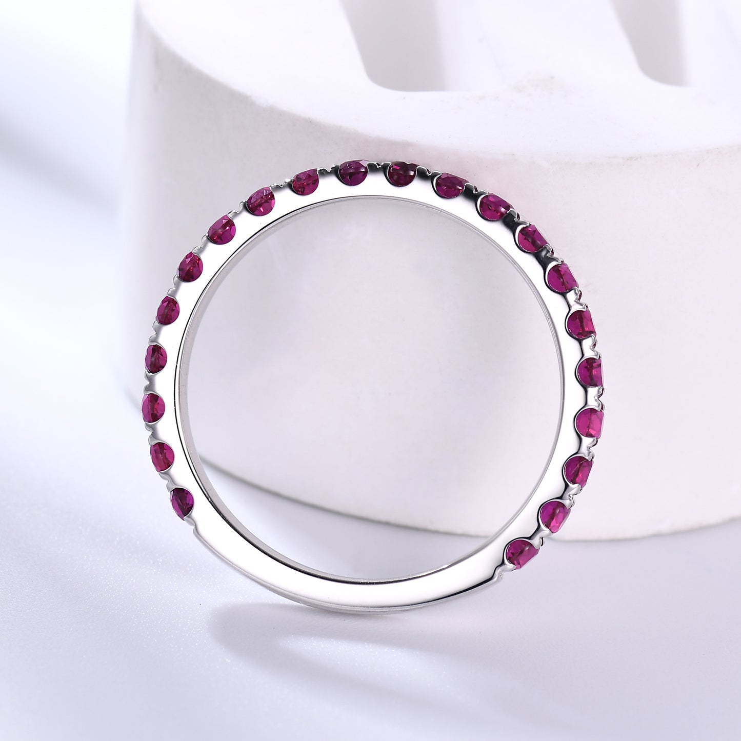 Natural Ruby Wedding Ring For Her 3/4 Eternity Band 14k White Gold Micro Pave 2mm Band