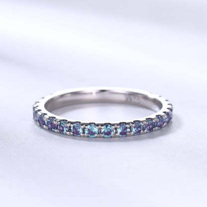 Alexandrite Wedding Ring For Her 3/4 Eternity Band Micro Pave June Birthstone 2mm Band