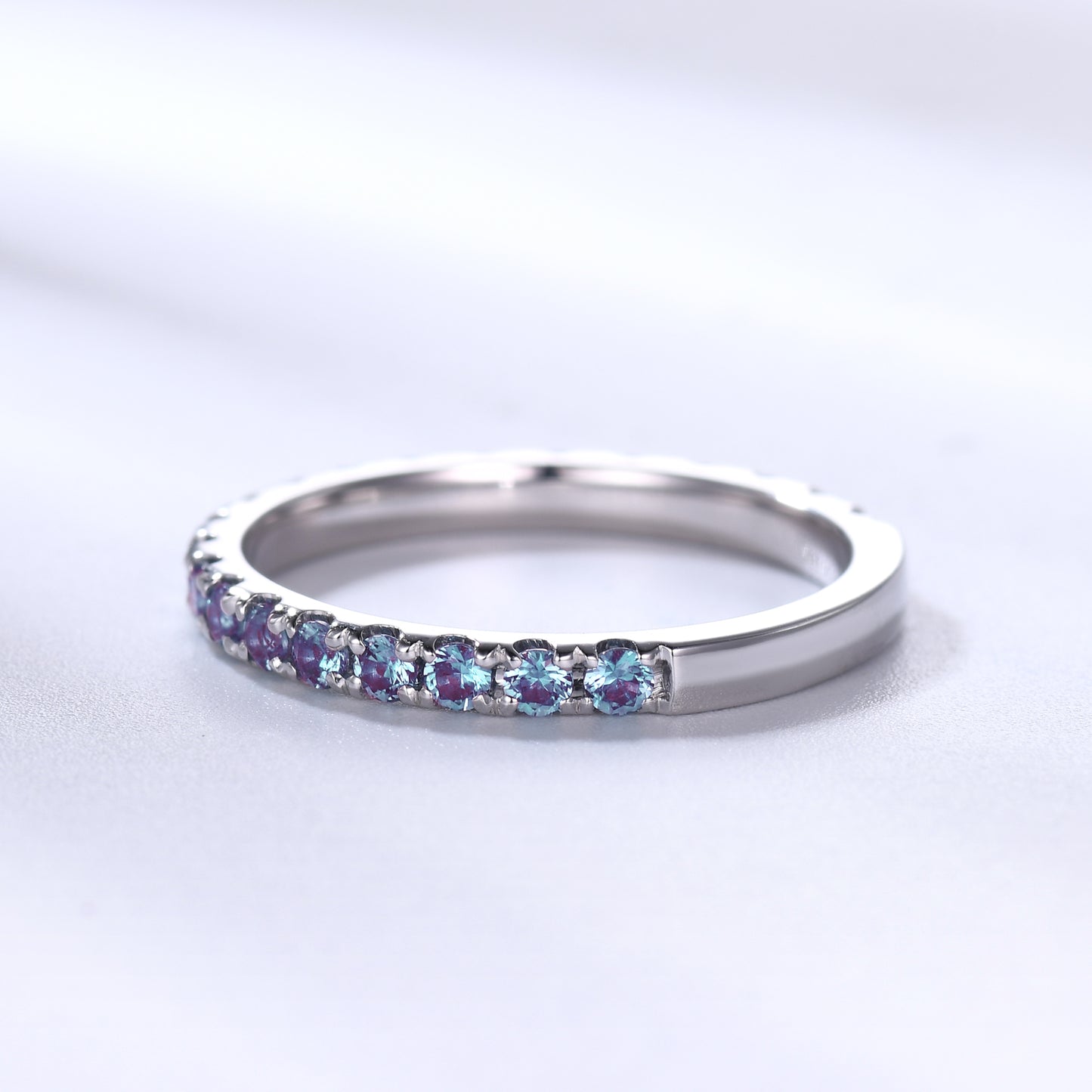 Alexandrite Wedding Ring For Her 3/4 Eternity Band Micro Pave June Birthstone 2mm Band