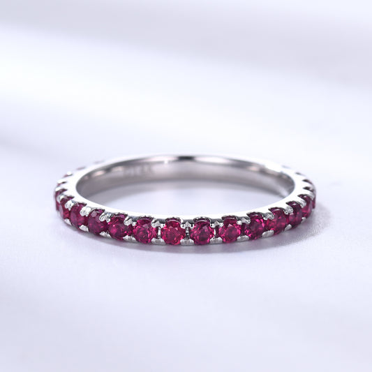 Natural Ruby Wedding Ring For Her 3/4 Eternity Band 14k White Gold Micro Pave 2mm Band