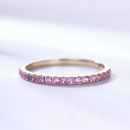 Natural Pink Sapphire Wedding Ring Half Eternity Band 14k Rose Gold Micro Pave 1.5mm