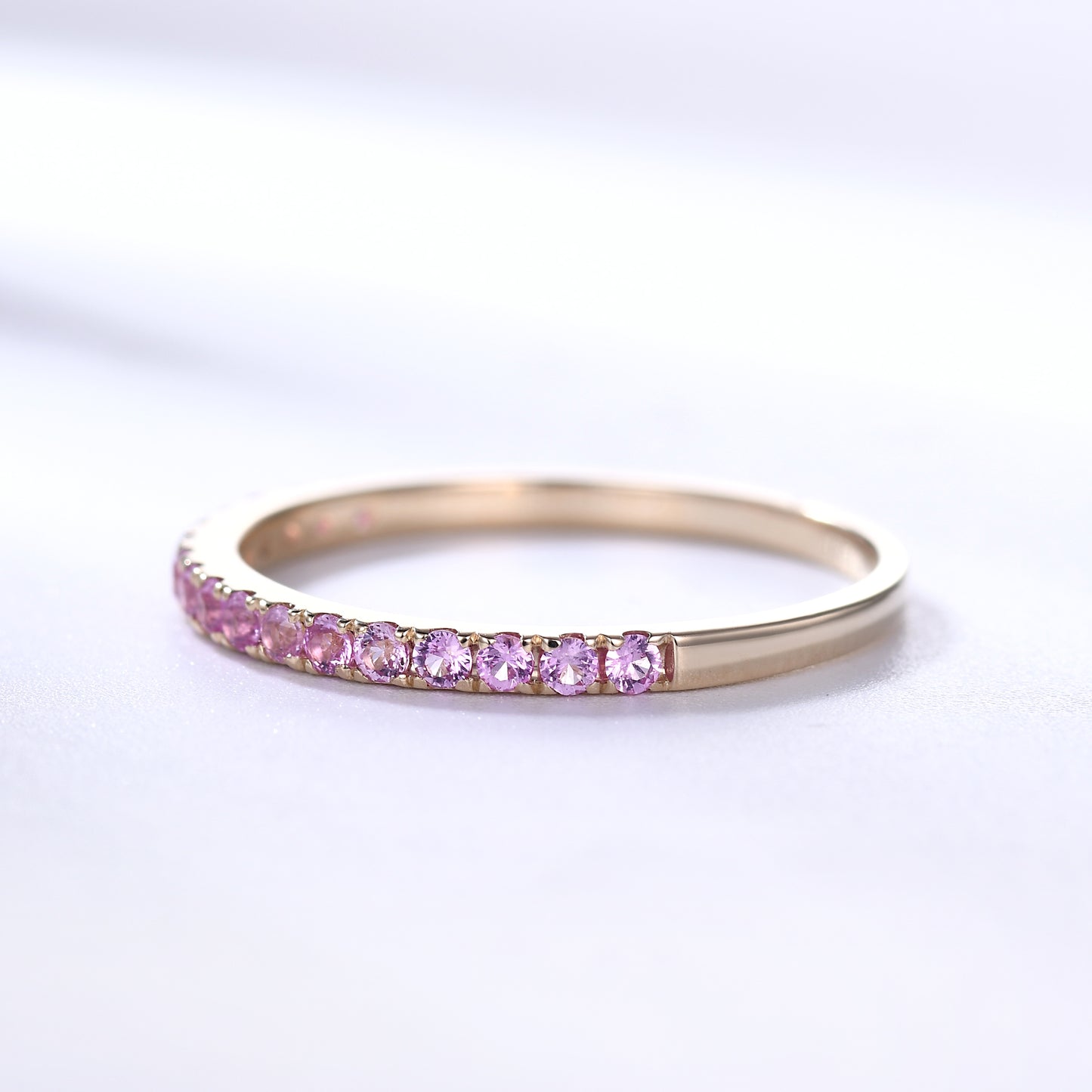 Natural Pink Sapphire Wedding Ring Half Eternity Band 14k Rose Gold Micro Pave 1.5mm