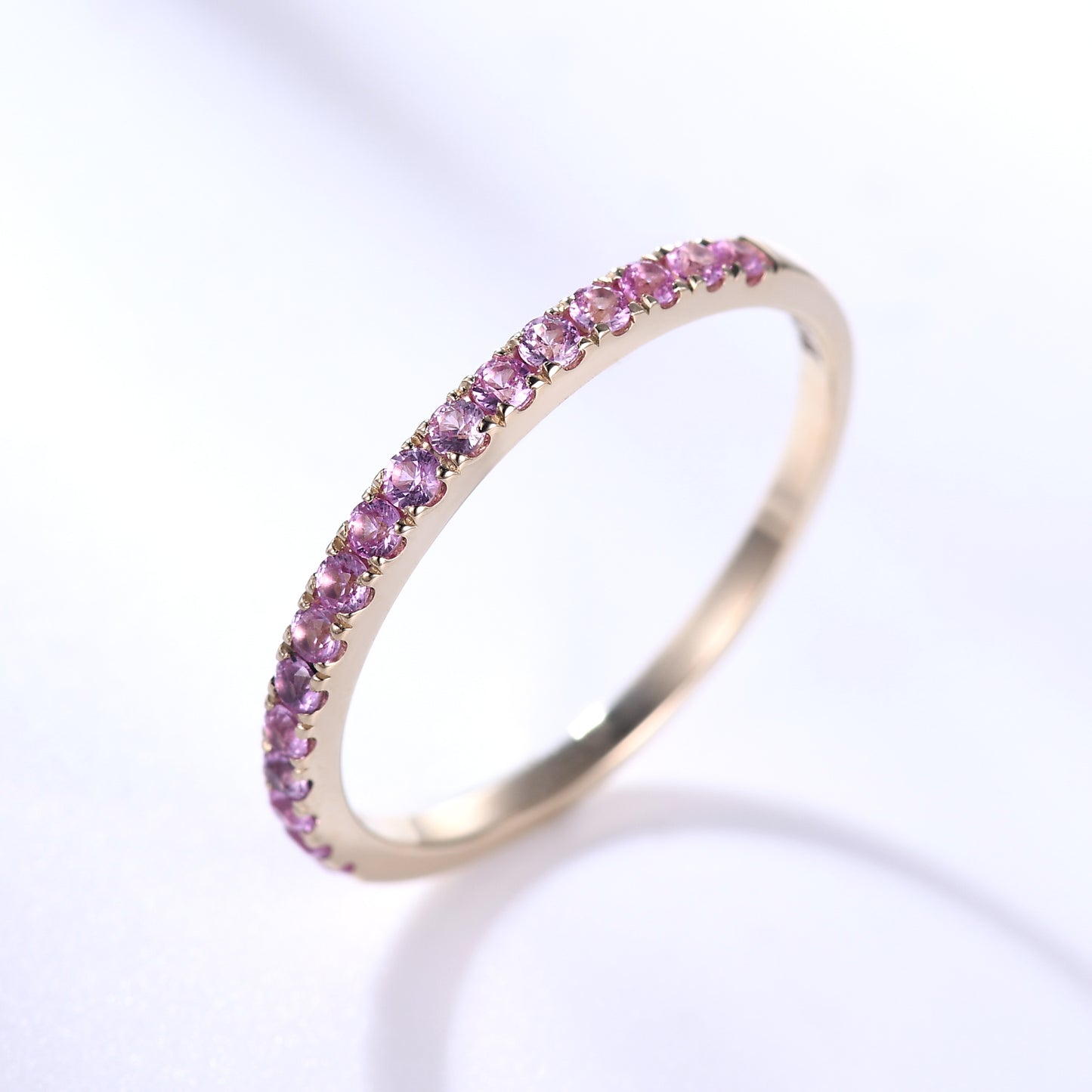 Natural Pink Sapphire Wedding Ring Half Eternity Band 14k Rose Gold Micro Pave 1.5mm