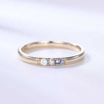 Unique July Birthstone Ring Pearl Alexandrite Moonstone Ring Yellow Gold Gifts for Her