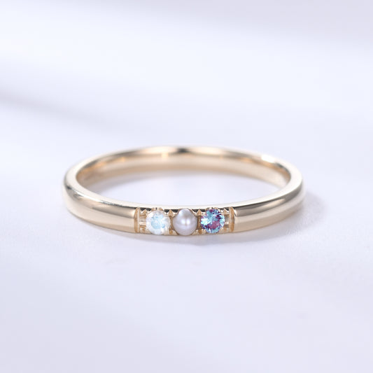 Unique July Birthstone Ring Pearl Alexandrite Moonstone Ring Yellow Gold Gifts for Her