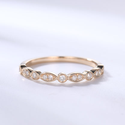 Diamond Wedding Rings For Her 14k Rose Gold Antique Art Deco Half Eternity Band Milgrain Annivery Ring