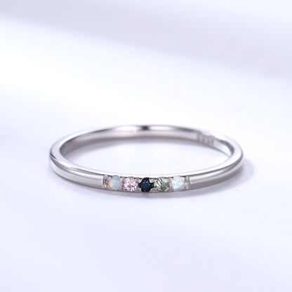 Personalized 5 Birthstones White Gold Ring for Mother moonstone moss agate sandstone morganite opal