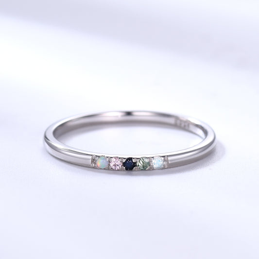 Personalized 5 Birthstones White Gold Ring for Mother moonstone moss agate sandstone morganite opal