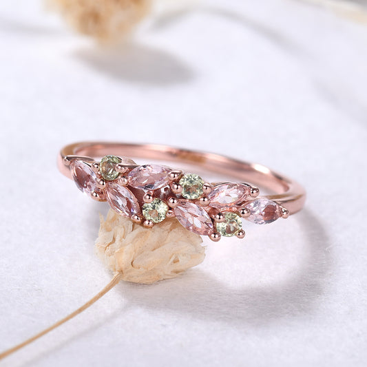 Unique Dainty Morganite Peridot Cluster Wedding Band 14k Rose Gold Ring for Women