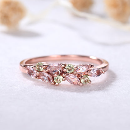 Unique Dainty Morganite Peridot Cluster Wedding Band 14k Rose Gold Ring for Women