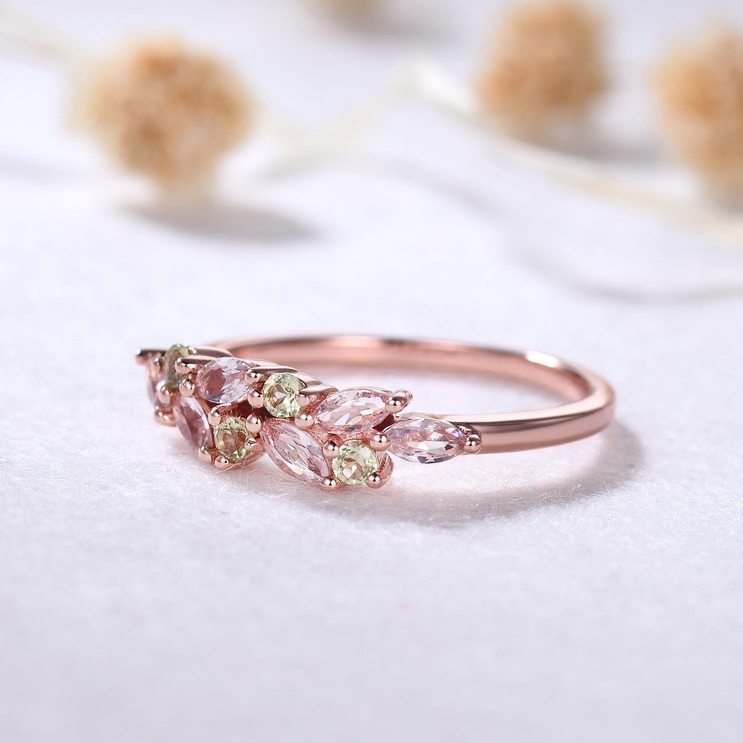 Unique Dainty Morganite Peridot Cluster Wedding Band 14k Rose Gold Ring for Women