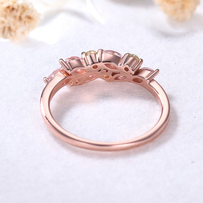 Unique Dainty Morganite Peridot Cluster Wedding Band 14k Rose Gold Ring for Women