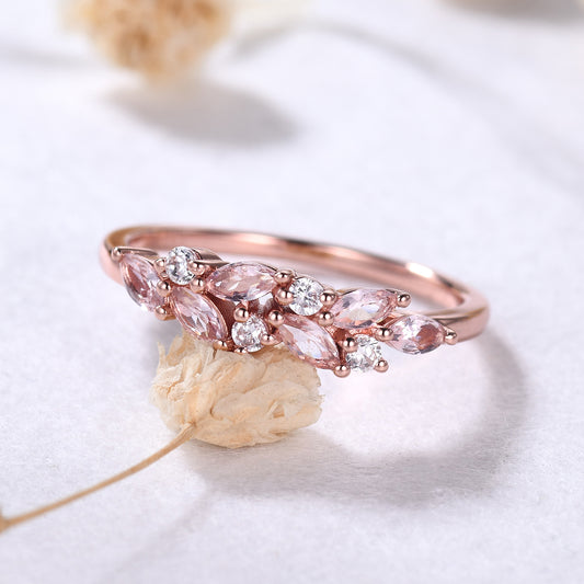 Retro Vintage Morganite Moissanite Wedding Band 14k Rose Gold Dainty Ring for Women