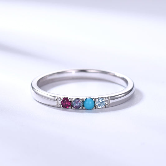 2mm Personalized Birthstone Gold Ring for Mother Ruby Alexandrite Turquoise Topaz 4-stone Dainty Band