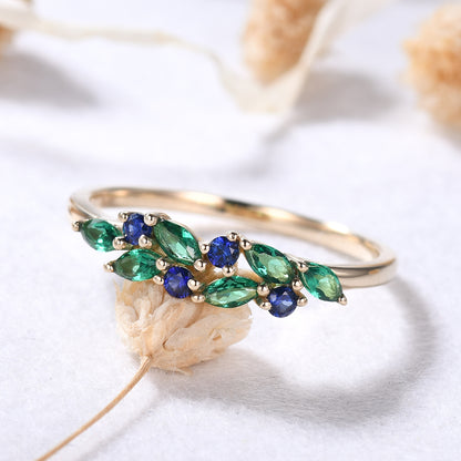 Emerald Sapphire Yellow Gold Ring Vintage Green Blue Gemstone Wedding Band