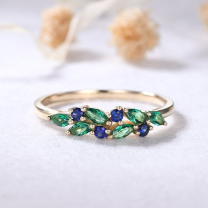 Emerald Sapphire Yellow Gold Ring Vintage Green Blue Gemstone Wedding Band