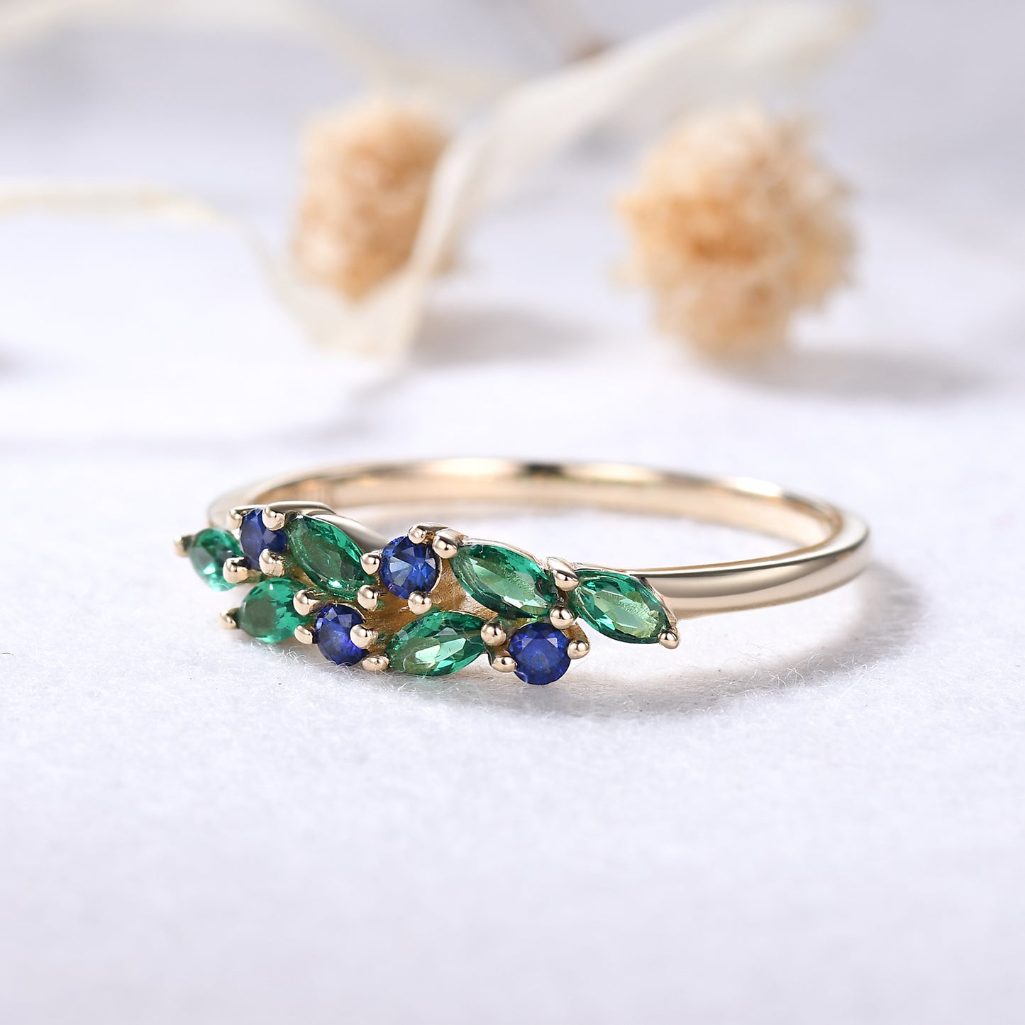 Emerald Sapphire Yellow Gold Ring Vintage Green Blue Gemstone Wedding Band