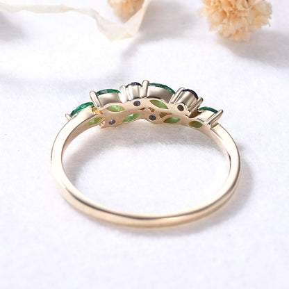 Emerald Sapphire Yellow Gold Ring Vintage Green Blue Gemstone Wedding Band