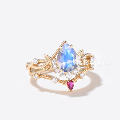 14k Gold Pear Rainbow Moonstone Engagement Ring Leaf Diamond Ring