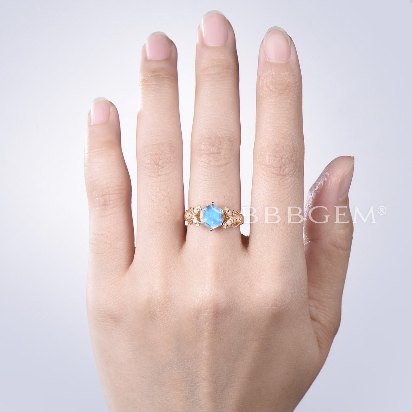 Hexagon Natural Moonstone Ring Gold Butterfly Engagement Ring