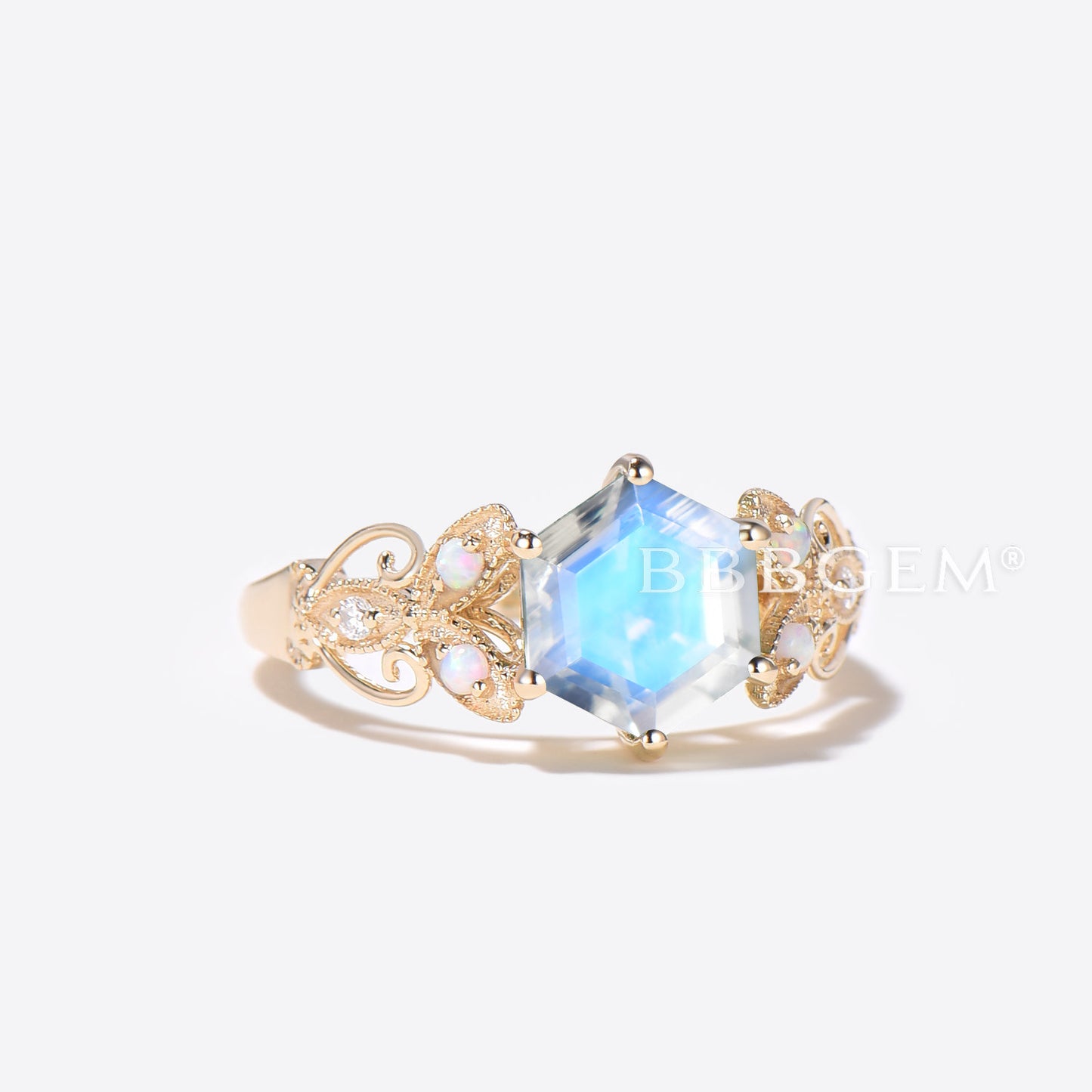 Hexagon Natural Moonstone Ring Gold Butterfly Engagement Ring