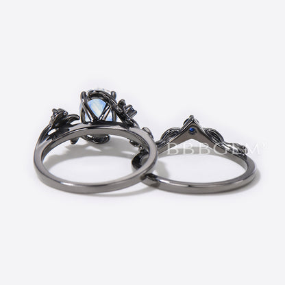 Black Gold Engagement Ring Black Natural Moonstone Wedding Ring Set