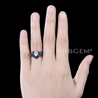 Black Gold Engagement Ring Black Natural Moonstone Wedding Ring Set