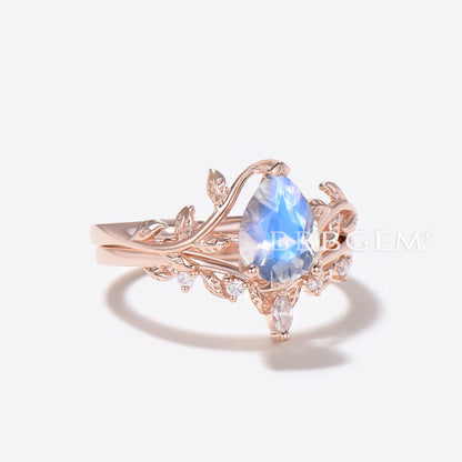 Pear Natural Moonstone Bridal Set Leaf Vine Diamond Engagement Ring