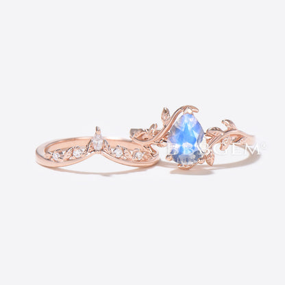 Pear Natural Moonstone Bridal Set Leaf Vine Diamond Engagement Ring