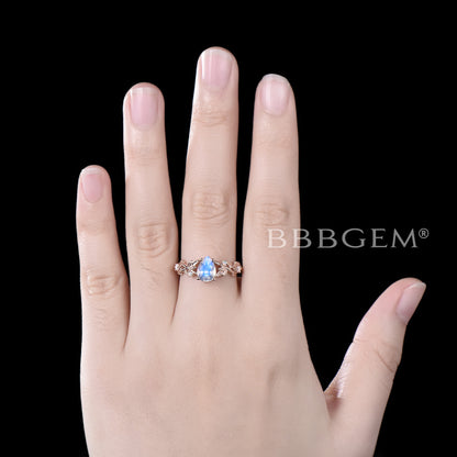 Nature Inspired Pear Moonstone Ring Branch Leaf Opal Engagement Ring