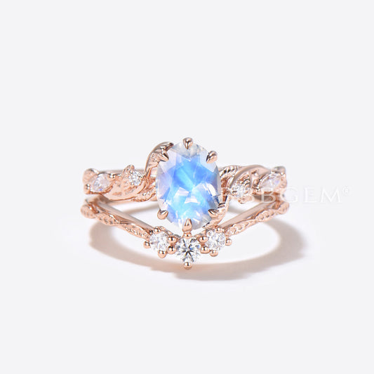 Oval Cut Moonstone Engagement Ring Rose Gold Leaf Diamond Bridal Set